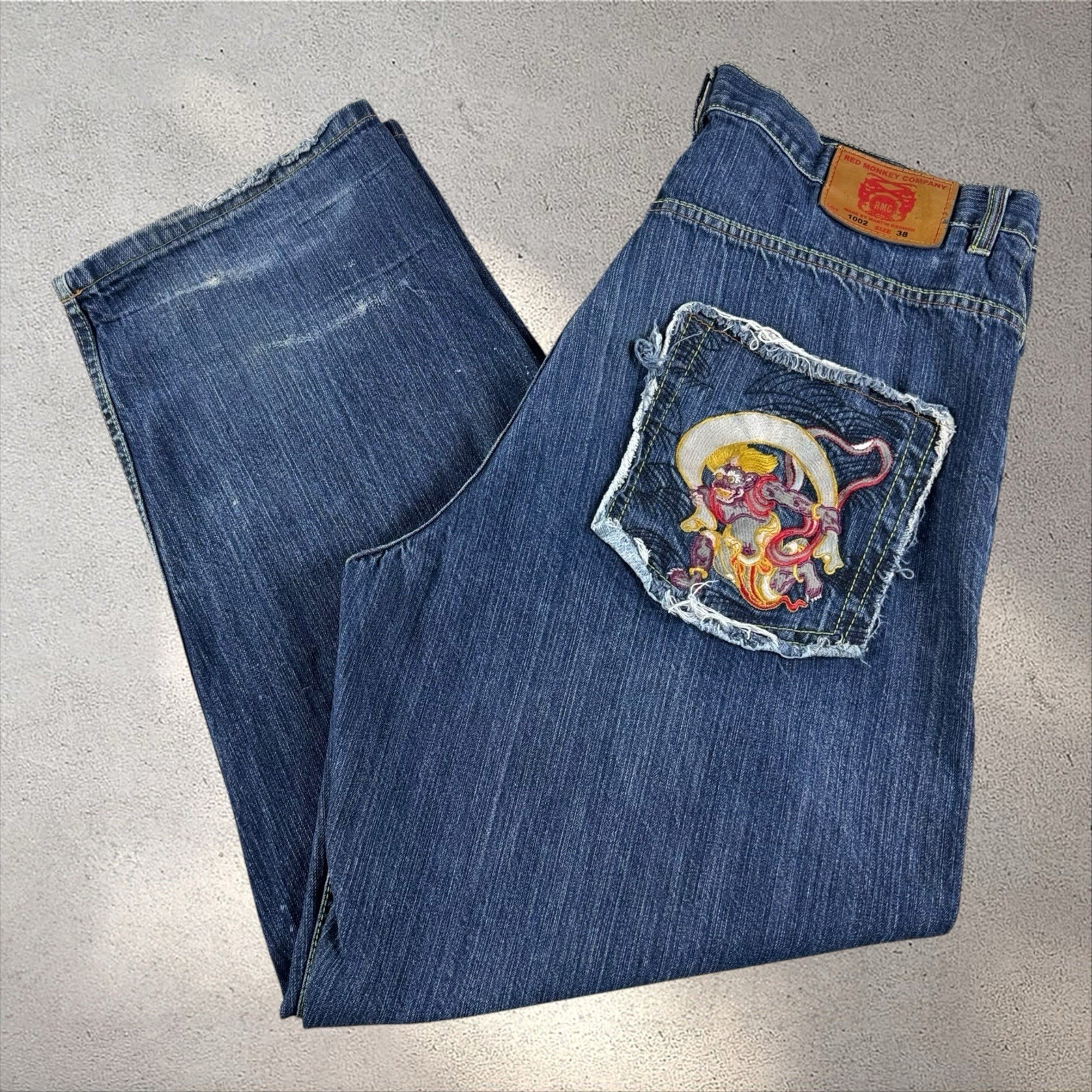 Vintage Rmc Red Monkey Embroidered Y2k Jeans Mens 38 Lot 1002 Geisha Samurai